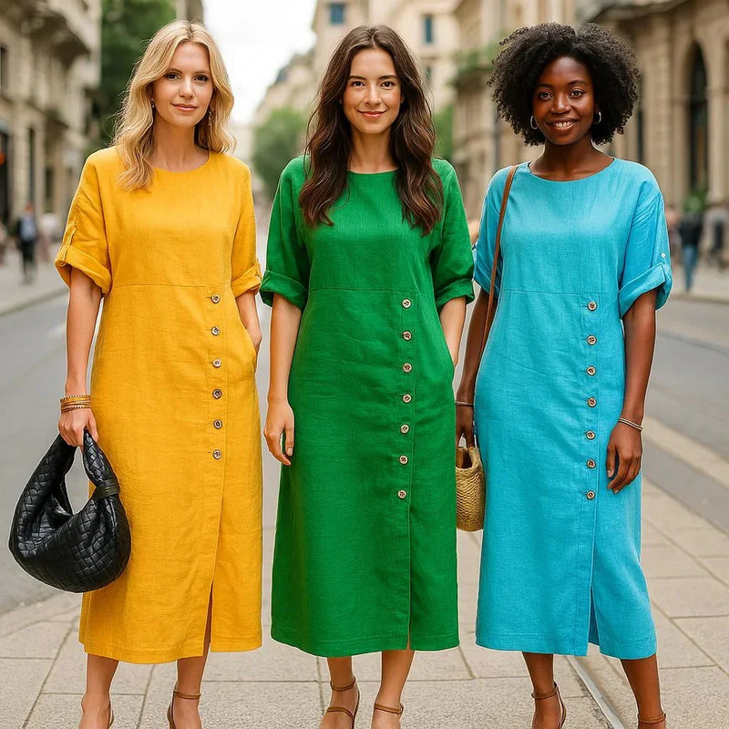 Vestido Aurelia em Linho de Algodão com Botões Laterais e Fenda Sofisticada
