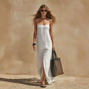 Vestido Varenna™ em Linho de Algodão com Alças Finas, Fenda Frontal e Caimento Fluido / Movimento Elegante A Cada Passo