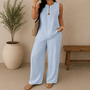 Conjunto Lucienne™ Blusa com Decote de Abertura Frontal e Calça Pantalona