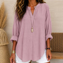 Blusa Aline™ em Linho de Algodão com Mangas Longas Dobráveis e Decote em V / Valoriza o Visual Com Naturalidade