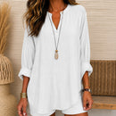 Blusa Aline™ em Linho de Algodão com Mangas Longas Dobráveis e Decote em V / Valoriza o Visual Com Naturalidade