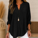 Blusa Aline™ em Linho de Algodão com Mangas Longas Dobráveis e Decote em V / Valoriza o Visual Com Naturalidade