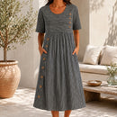 Vestido Elvanna™ com Estampa de Listras Delicadas e Botões Decorativos Chiques / Charme Retrô Para Um Visual Feminino