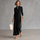 Vestido Noriele™ com Gola Polo, Listras Laterais e Modelagem Longa.