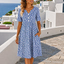 Vestido Valentina com Botões Frontais, Estampa Floral e Mangas Curtas